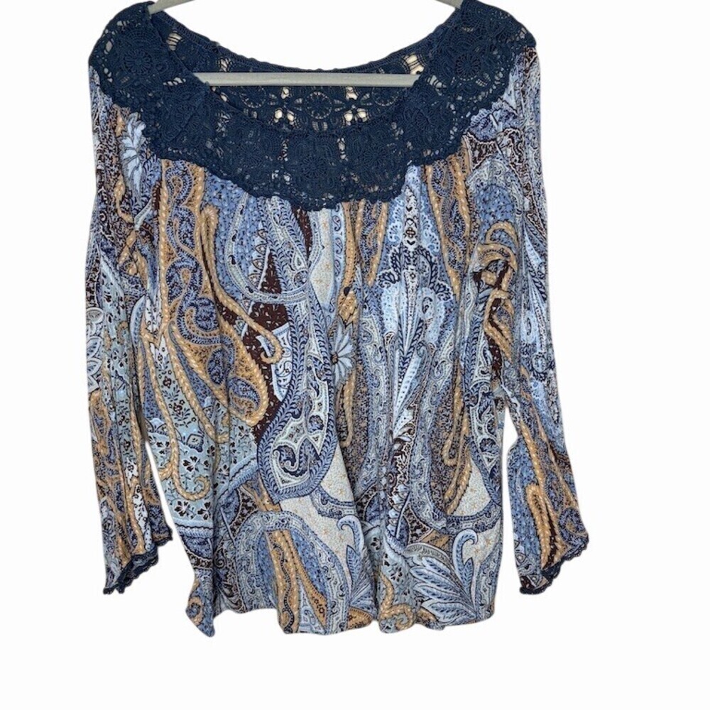 One World Blouse Womens  Blue Paisley Peasant Boho 3/4 Bell Sleeve